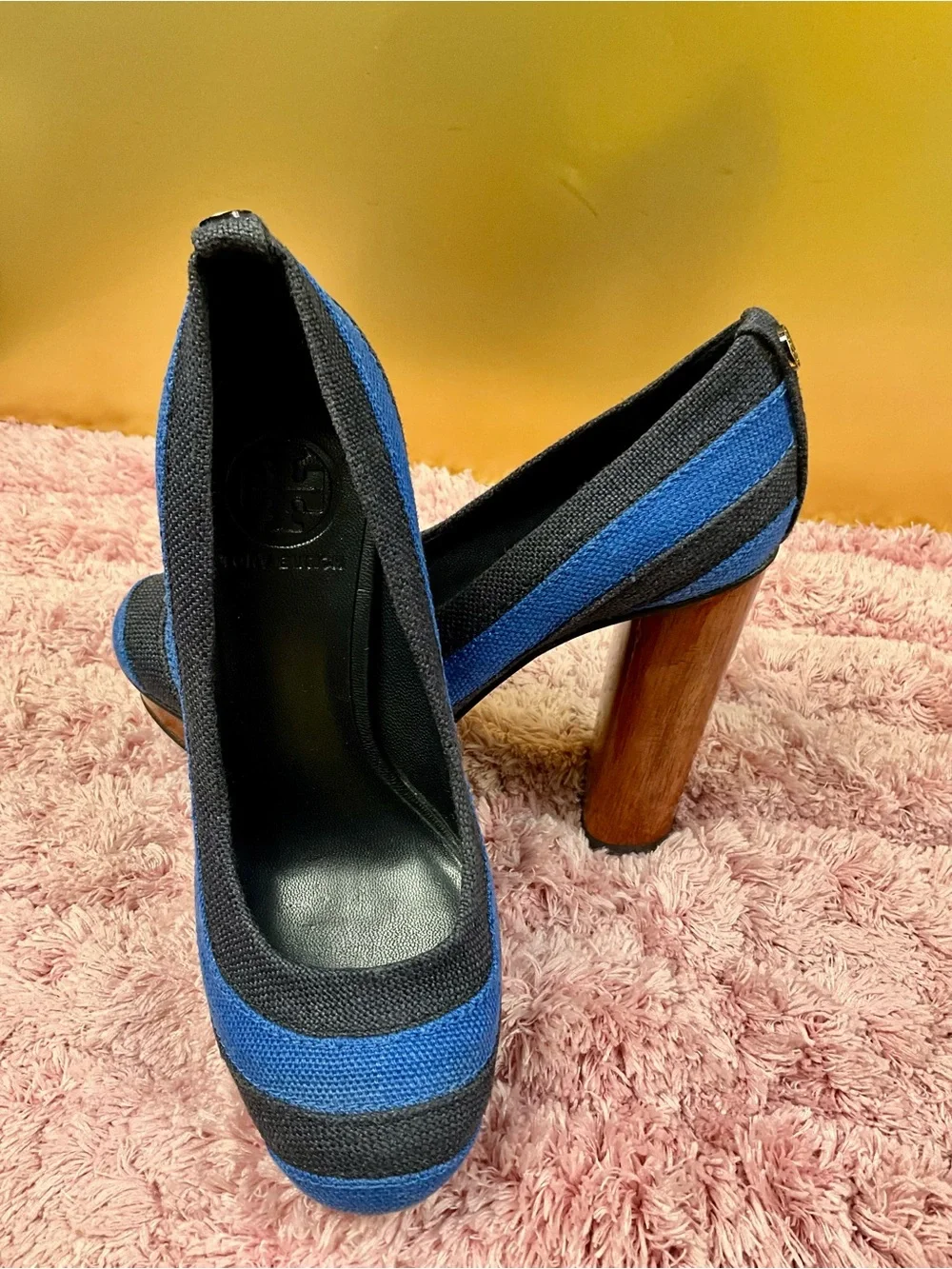 Tory Burch Blue and Black Striped Platform Pumps